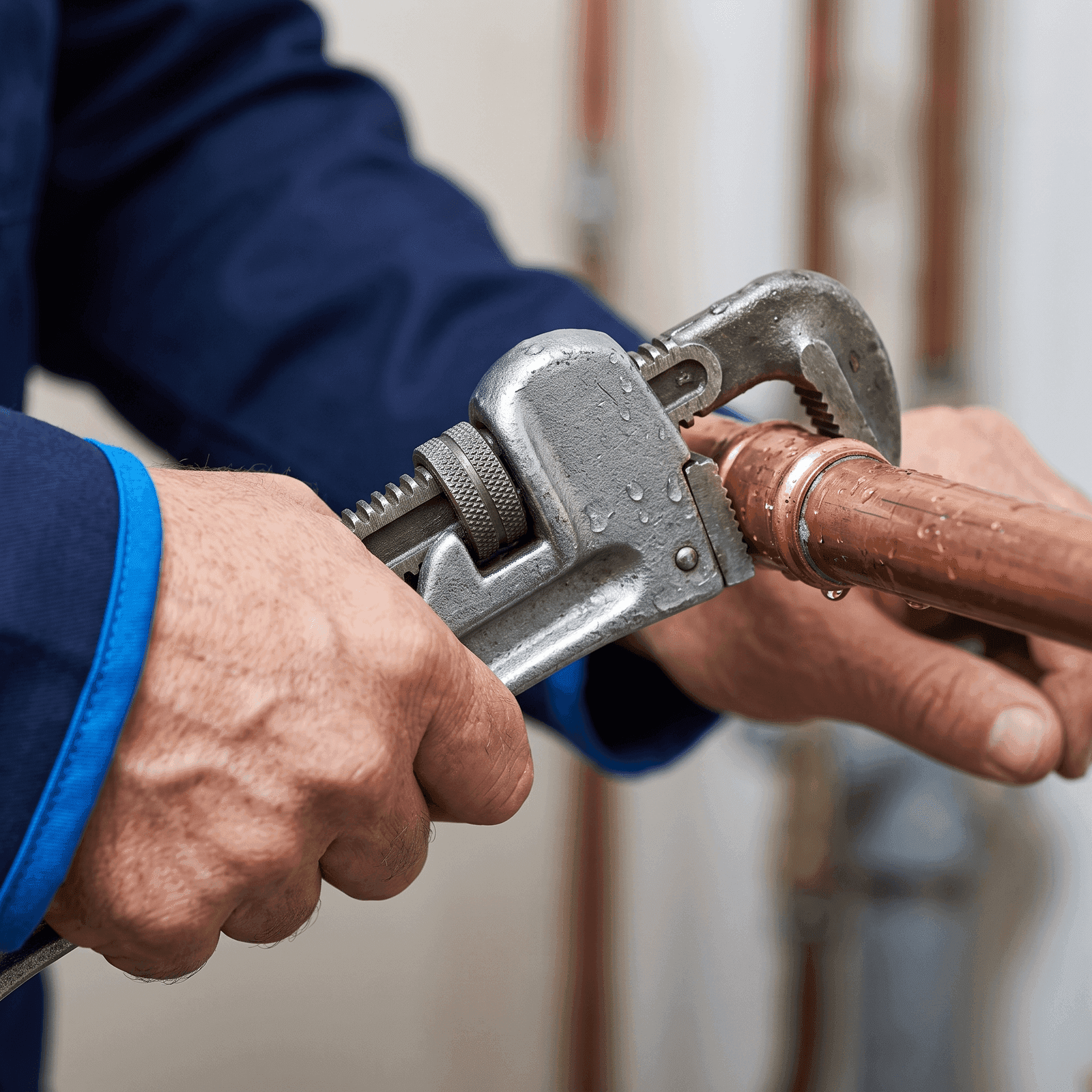 Close-up of a plumber tightening a copper pipe fitting with a pipe wrench
