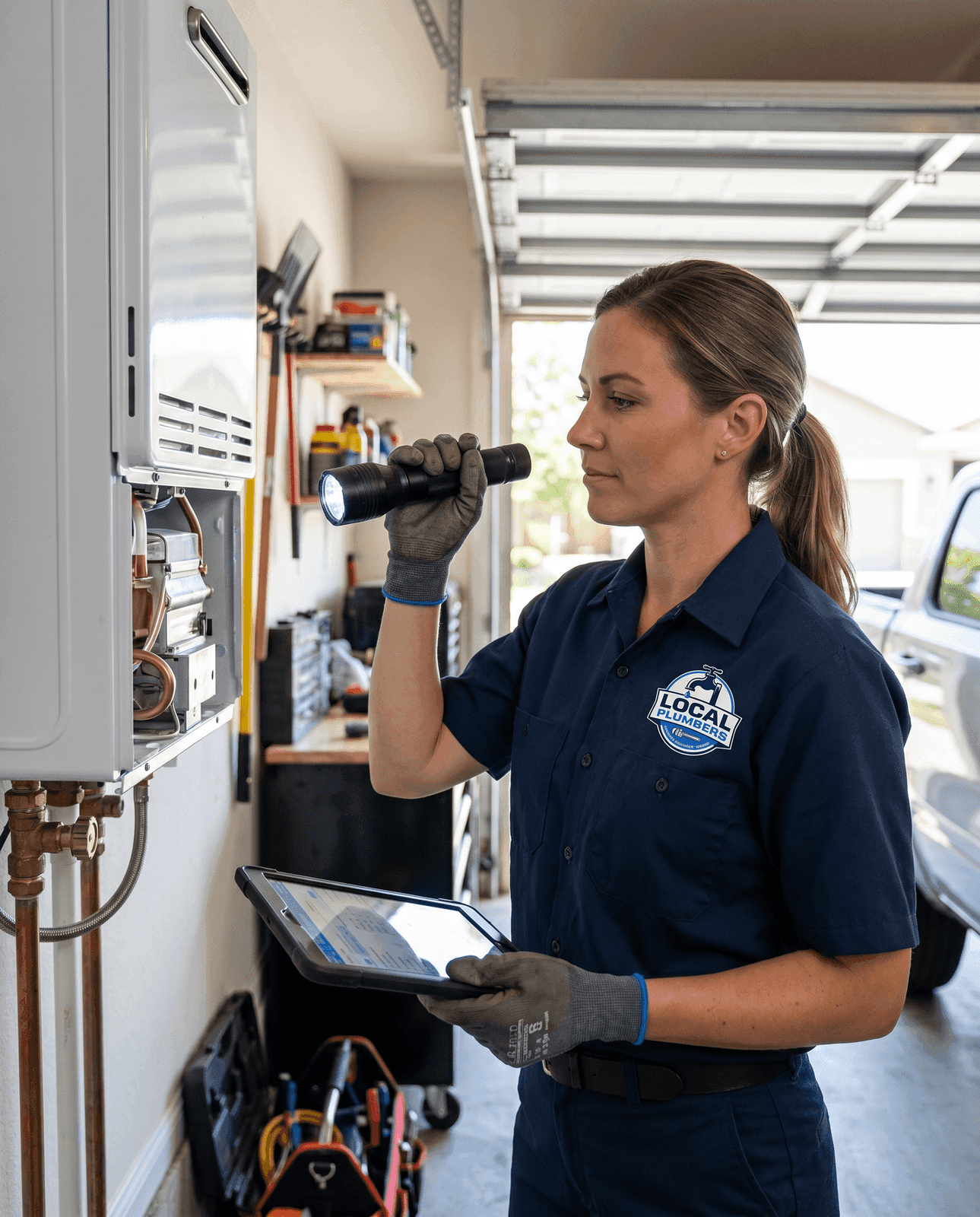 A plumber using diagnostic equipment and a tablet to locate a hidden leak