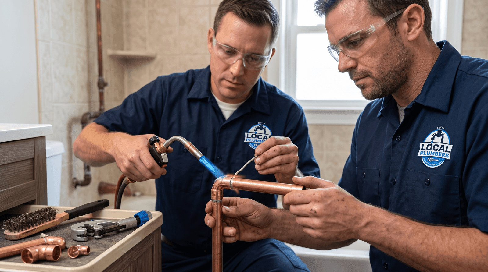 Two plumbers soldering copper pipe with a torch during a re-piping job