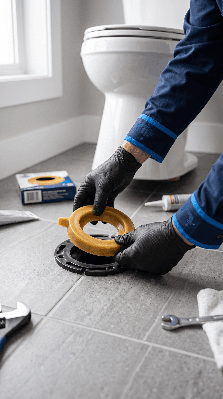 A plumber replacing a wax ring and flange during a toilet repair