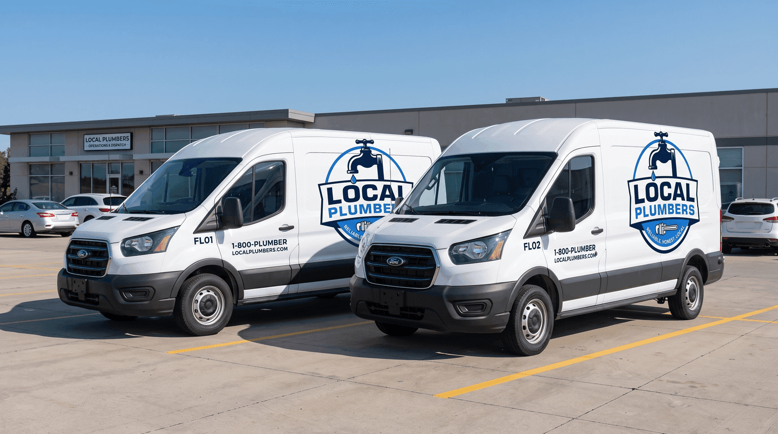 A fleet of branded Local Plumbers service vans ready for dispatch