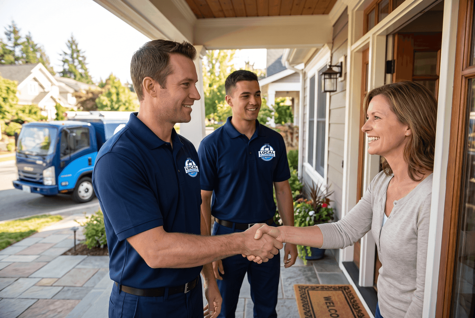 A Local Plumbers technician shaking hands with satisfied homeowners at their front door