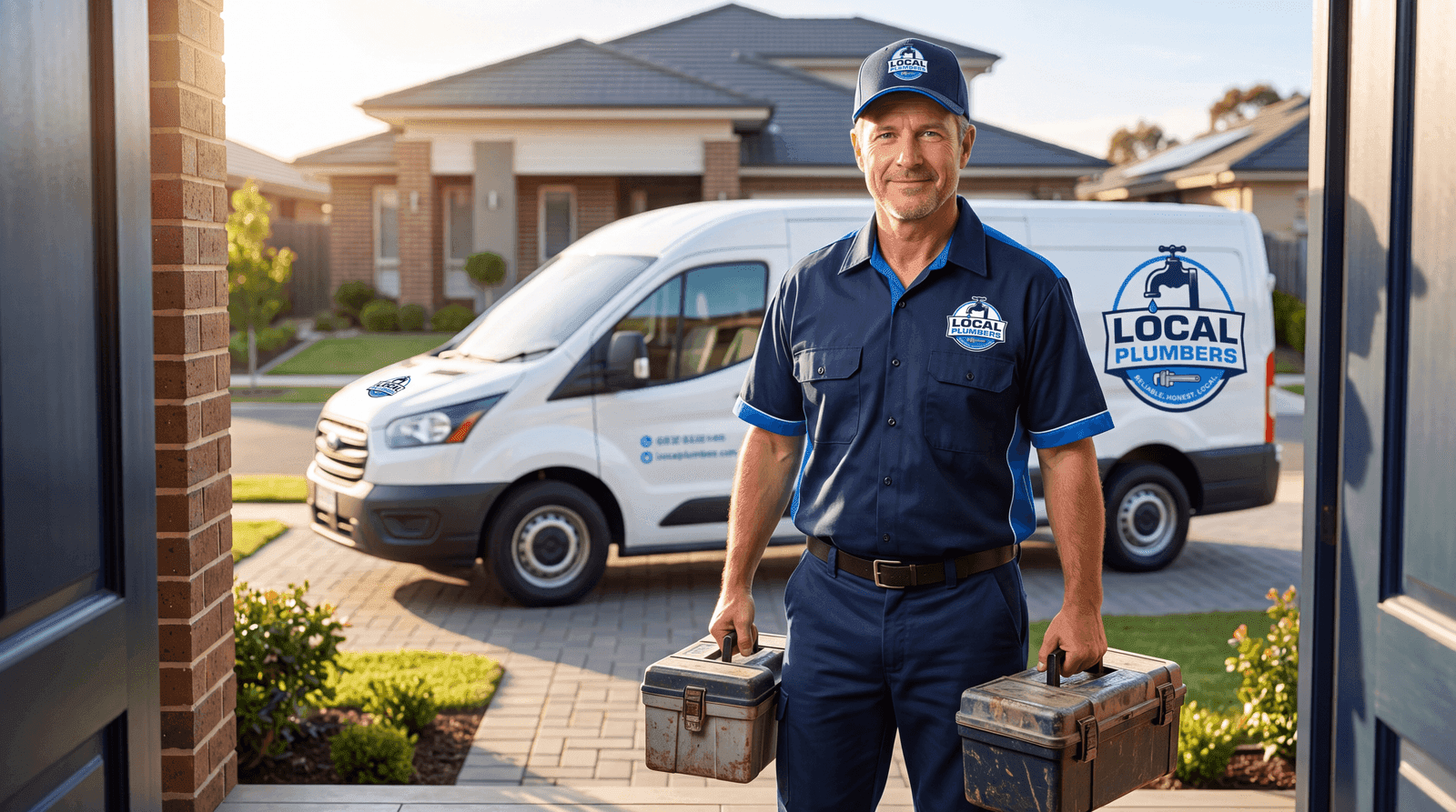 A smiling Local Plumbers plumber arriving at a home with tools and a branded service van